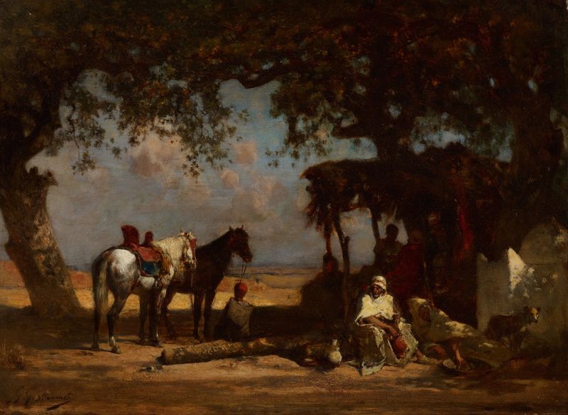 An Arab Encampment de Gustave-Achille Guillaumet, pintura a óleo que retrata figuras em têxteis vibrantes.