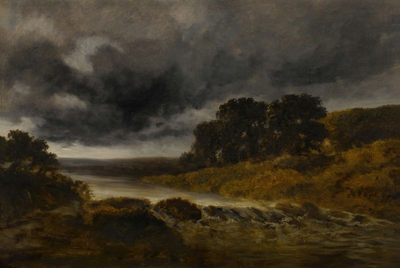 Pintura a óleo de paisagem de Georges Michel com nuvens giratórias e um torrente.