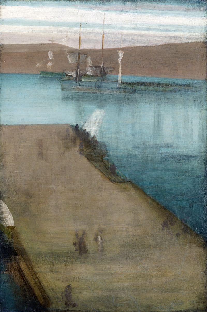 Valparaiso Harbor de James Abbott McNeill Whistler, pintura a óleo que retrata uma cena marinha tranquila.
