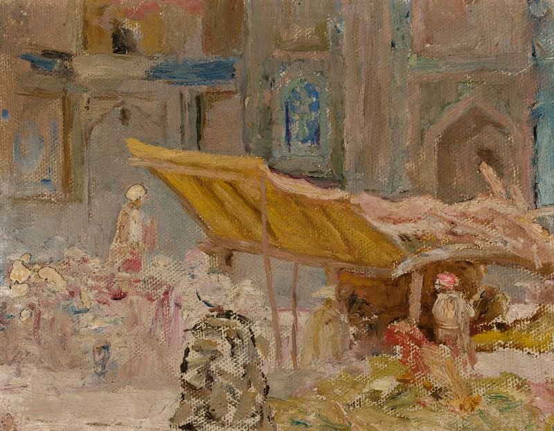 Naturaleza muerta de frutas vibrantes en un mercado, pintura al óleo de Jan Ciągliński