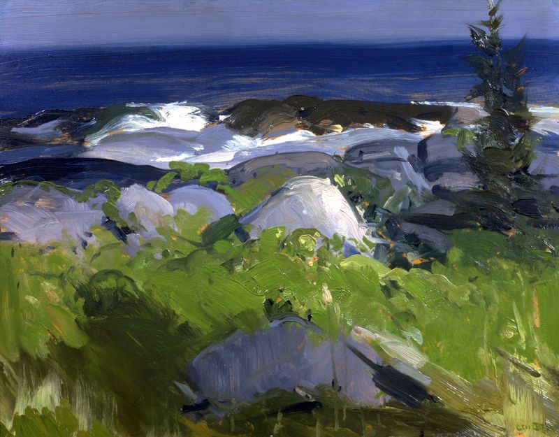 Vine Clad Shore–Monhegan Island de George Wesley Bellows, pintura a óleo que retrata folhagem exuberante e água.