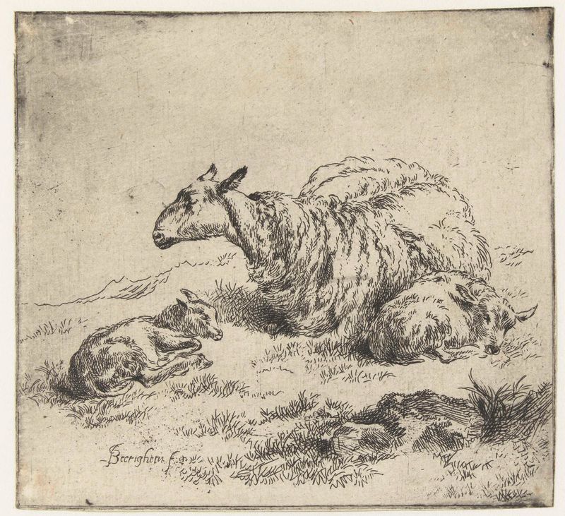 Grabado de Nicolaes Pietersz Berchem que muestra dos corderos junto a una figura cerca de una cerca