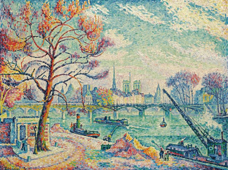 Paisagem de Pont Des Arts por Paul Signac, óleo sobre tela, com o Sena e uma ponte