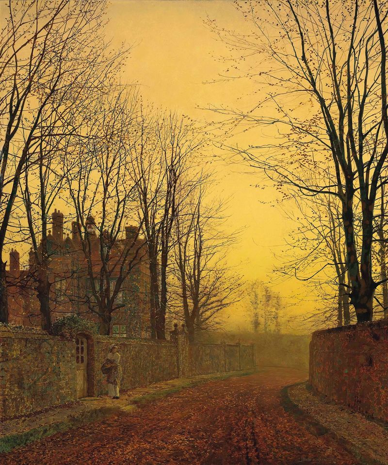 Paisaje otoñal con árboles vibrantes y un camino de adoquines de John Atkinson Grimshaw, pintura al óleo