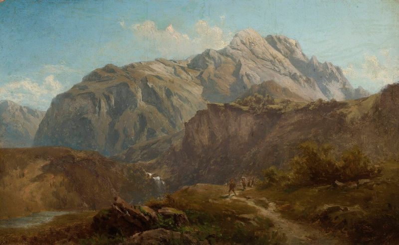 Mountain landscape by Antoni Kozakiewicz, oil on canvas showing rugged peaks and a vibrant sky.