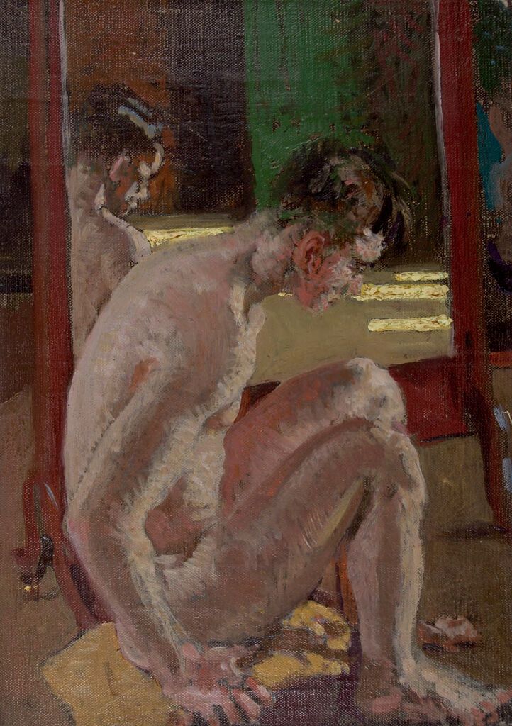 Retrato de perfil de um jovem com espelho, óleo sobre tela de Denman Waldo Ross.
