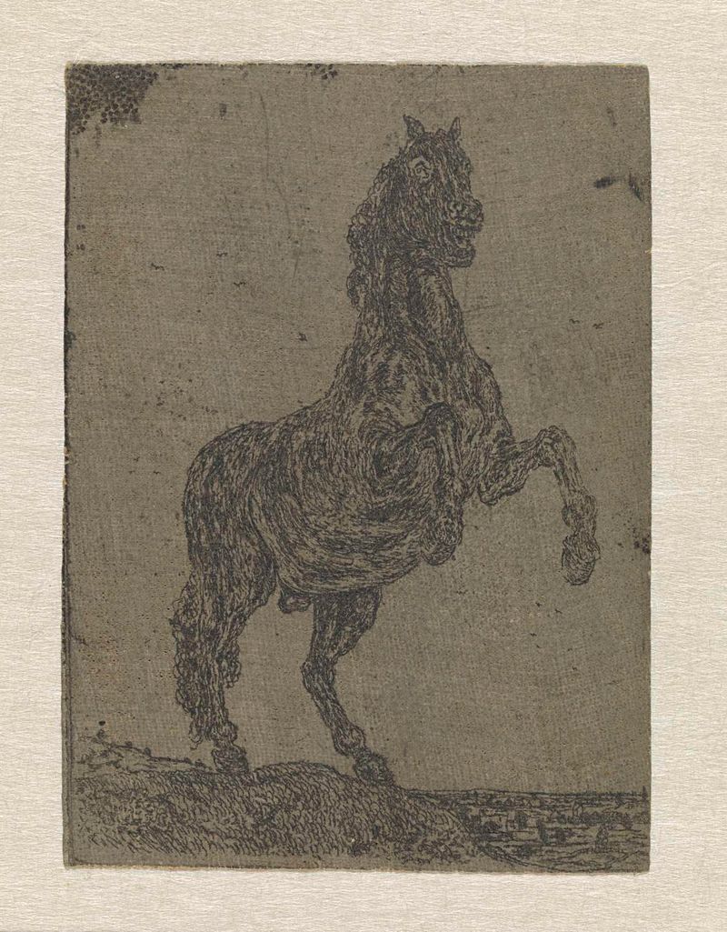 Um cavalo em posição de rear em uma gravura de Hercules Segers, contra uma paisagem.