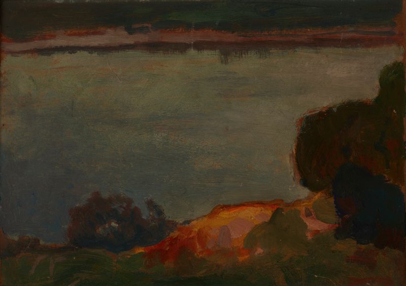 Evening at the Dnieper River, óleo sobre lienzo de Jan Stanisławski, que representa un paisaje sereno de río.