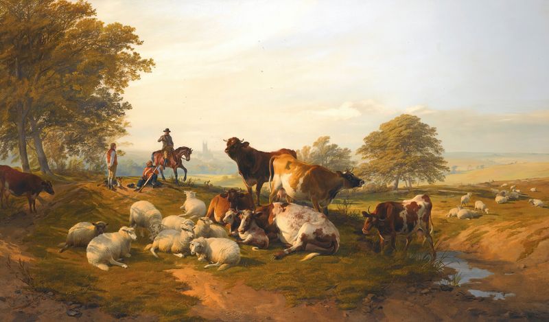 Cow resting in twilight, oil on canvas by Thomas Sidney Cooper