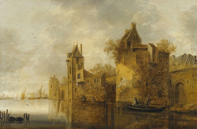 A River Landscape de Pieter de Bloot, pintura a óleo que retrata um rio tranquilo ao crepúsculo com cores suaves.