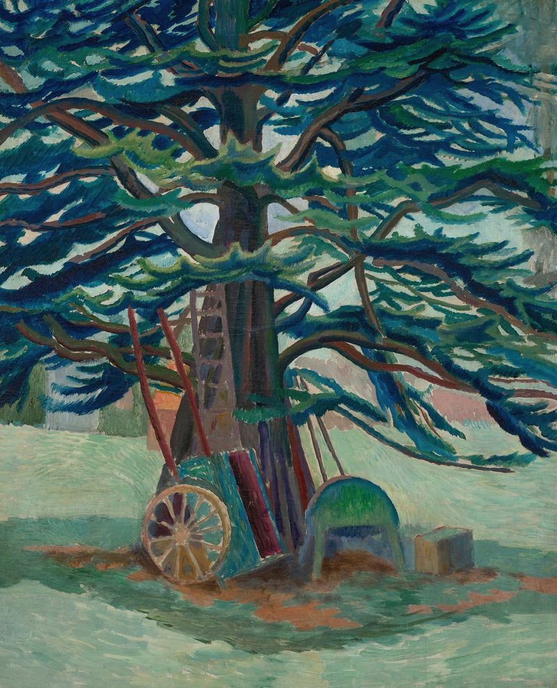 A Árvore de Cedro em Tidmarsh, óleo sobre tela de Dora Carrington, retratando um cedro em uma paisagem tranquila.