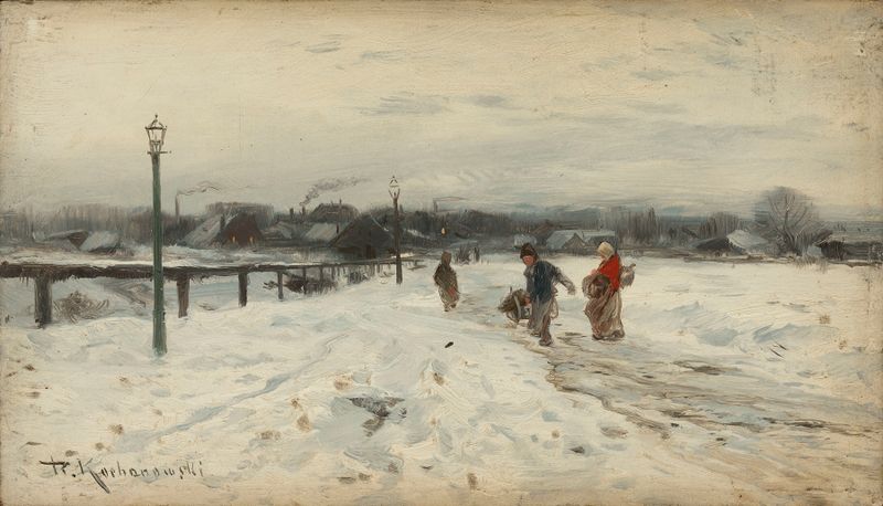 Suburban winter landscape by Roman Kazimierz Kochanowski, oil painting