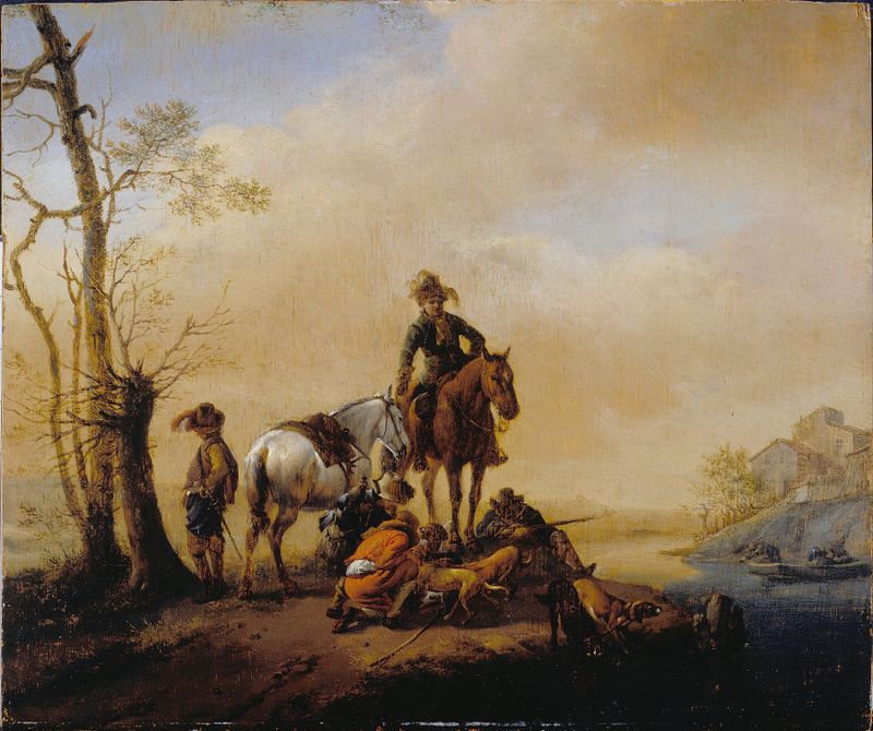 Halt of Sportsmen, óleo sobre tela de Philips Wouwerman, apresentando dois cavaleiros em uma paisagem serena.