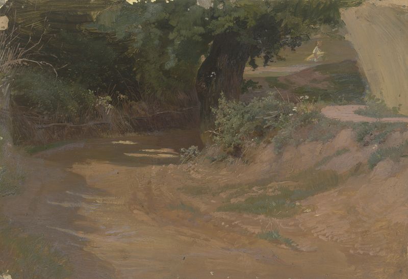 Landscape oil painting by Jakob Becker featuring cliffs and foliage illuminated by golden light