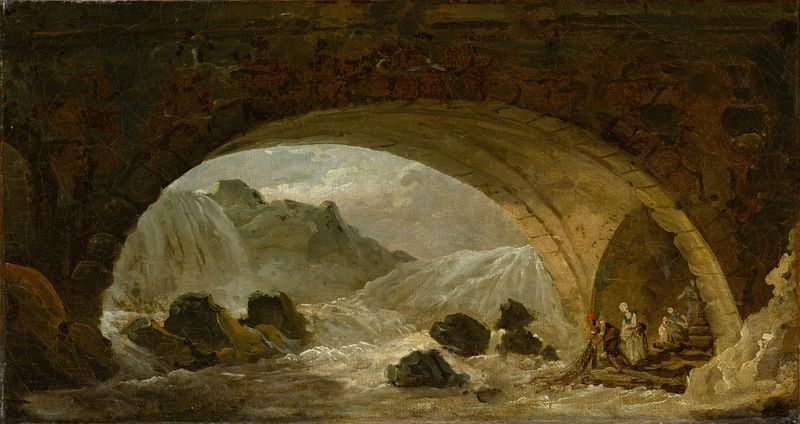 Pescadores Sob uma Ponte, pintura a óleo de Hubert Robert, mostrando pescadores lançando redes em um rio.