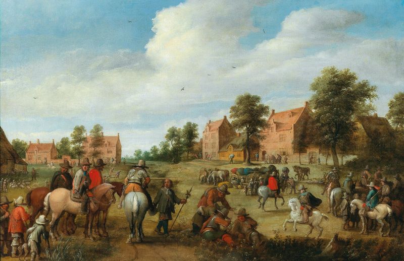 Cavalry unit halting near a village, oil on canvas by Joost Cornelisz Droochsloot