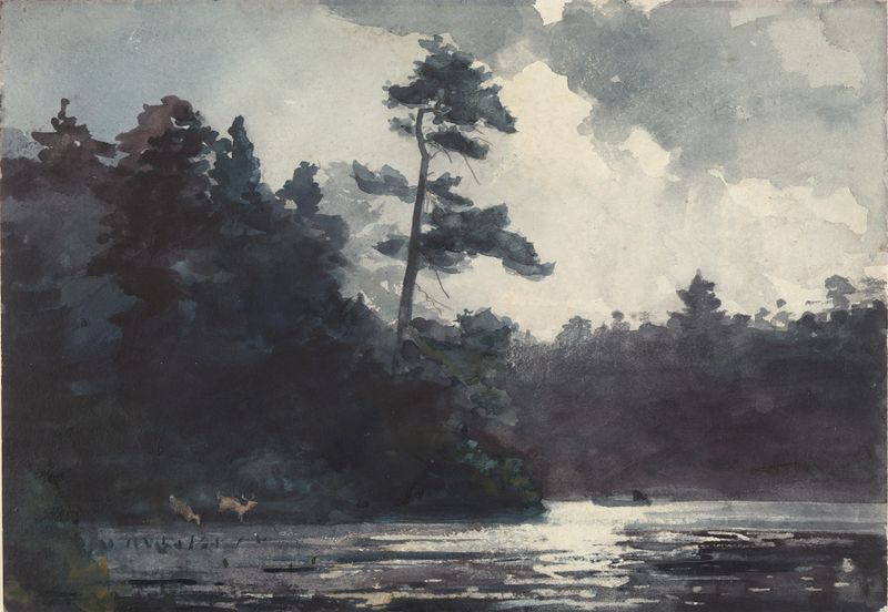 Adirondack Lake de Winslow Homer, óleo sobre tela, paisagem serena com reflexos do crepúsculo.