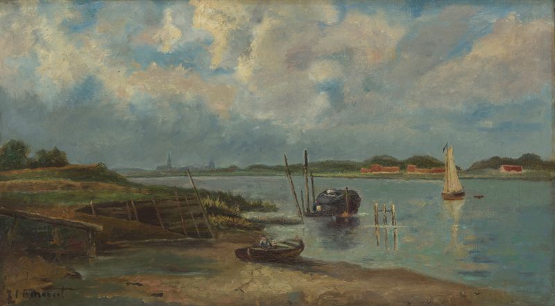 Landscape of Gezicht op de Schelde by Euphrosine Beernaert, oil on canvas depicting twilight over a river.