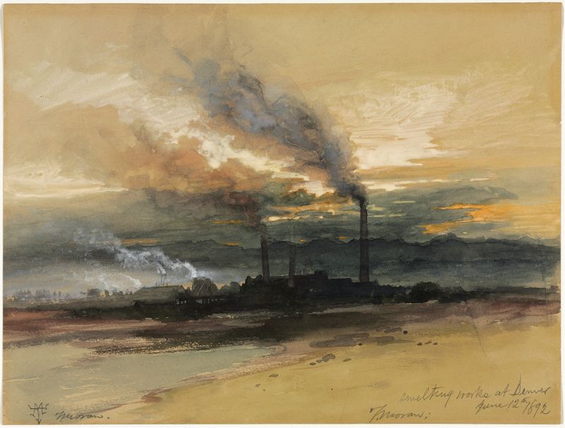 Smelting Works at Denver de Thomas Moran, pintura a óleo que retrata uma paisagem industrial com fumaça e montanhas.
