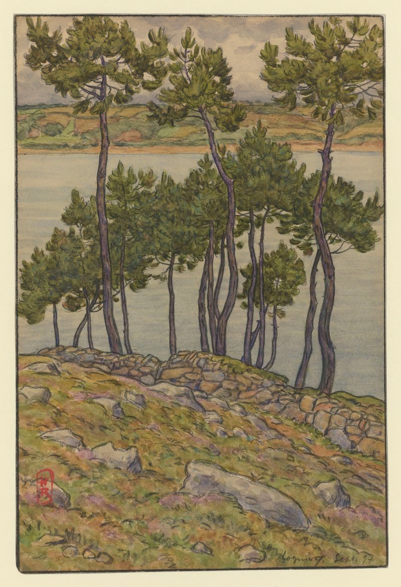 Acuarela de Henri Rivière que representa olas en espiral y horizonte en tonos azules y verdes