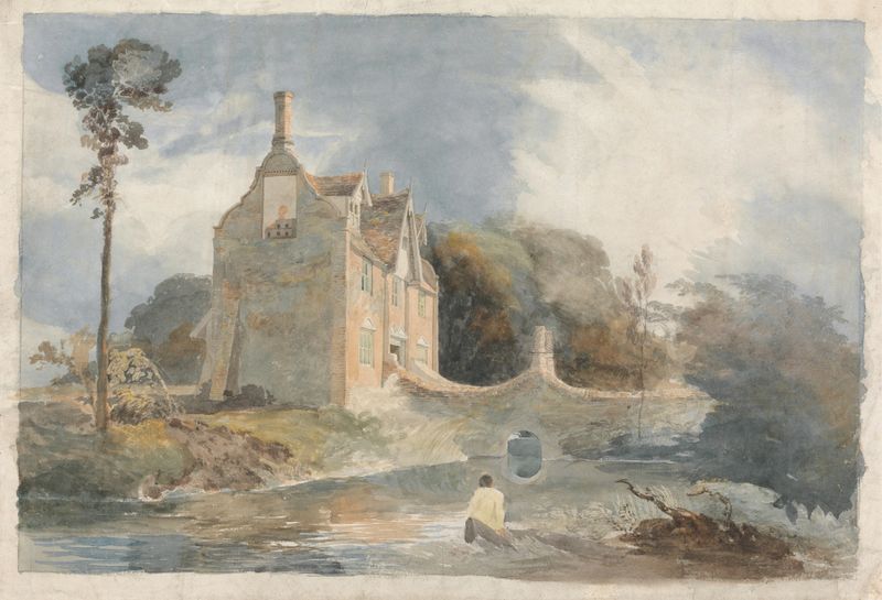 A Moated House de Cornelius Varley, acuarela sobre papel, que representa una casa serena junto al agua.