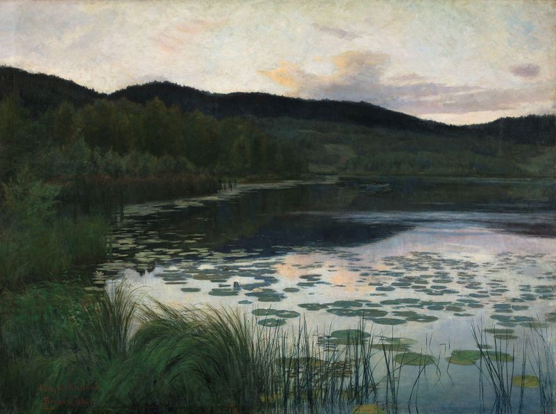 Summer Night by Kitty Kielland, oil painting depicting twilight reflections on water.