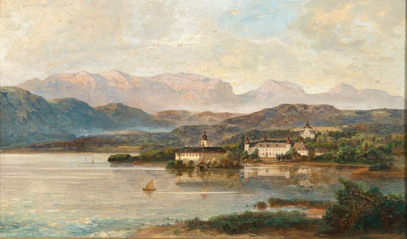 Schloss Orth in Gmunden by Adolf Obermüllner, oil painting depicting a castle reflection on water.