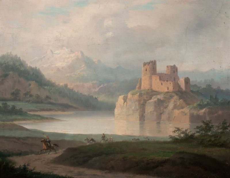 Ruínas do castelo em Czorsztyn, óleo sobre tela de January Suchodolski
