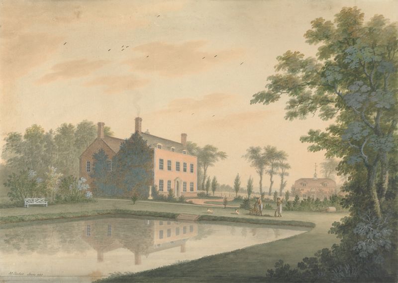 Landscape with a house and gardeners at work, by James Lambert, 1787.