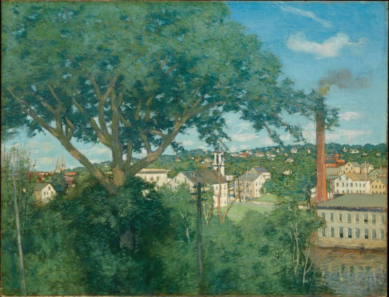 The Factory Village de Julian Alden Weir, pintura al óleo que muestra un pueblo sereno al anochecer.