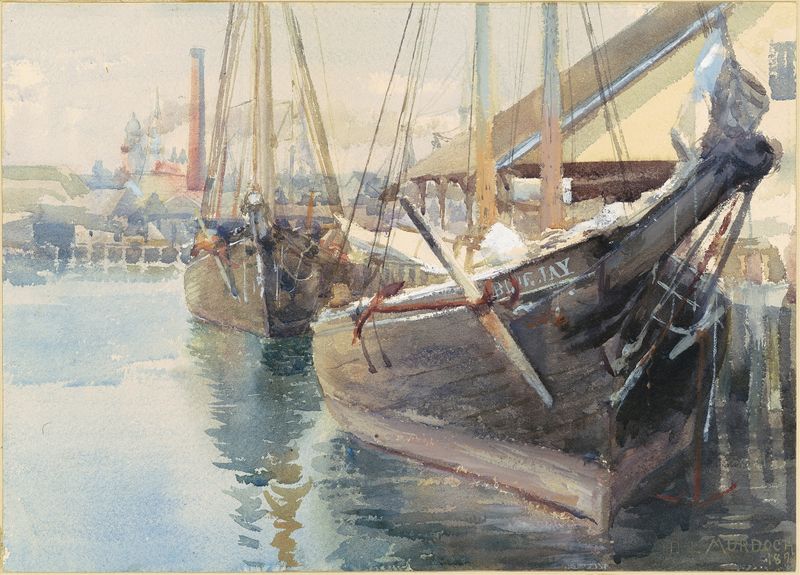 Óleo sobre tela de Dora Louise Murdoch mostrando barcos no cais ao pôr do sol.