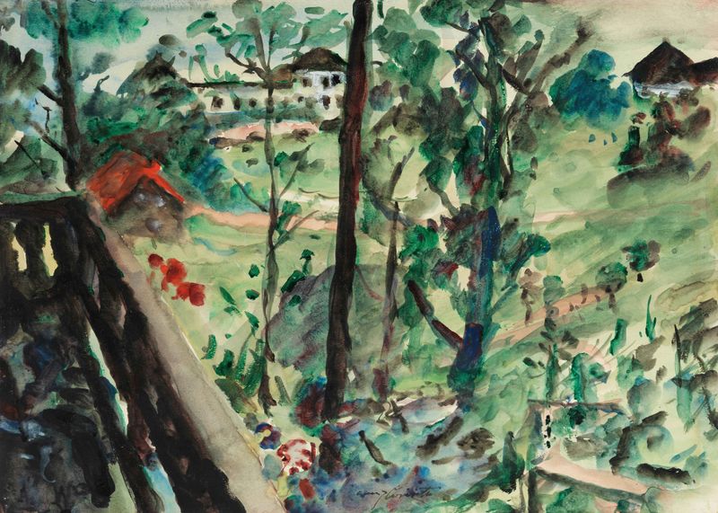Oil painting by Lovis Corinth showing a balcony view of Walchensee at twilight.