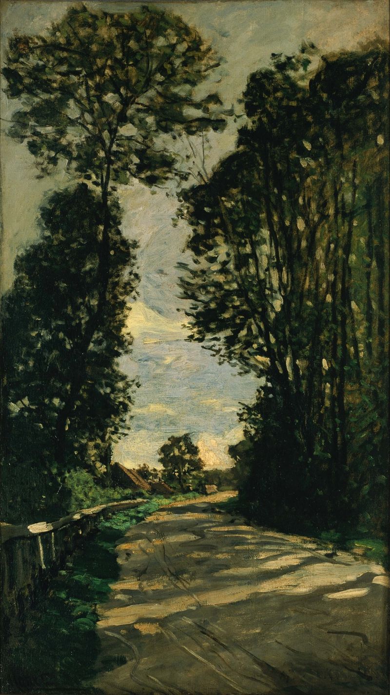 Walk (Road of the Farm Saint-Siméon) de Claude Monet, pintura a óleo que retrata um caminho entre a vegetação exuberante.
