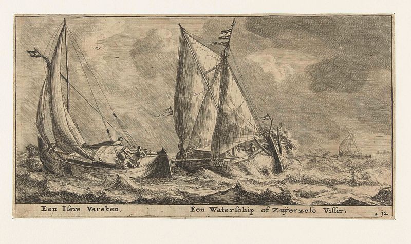 Etching by Reinier Nooms depicting an iron pig and a ship on the sea