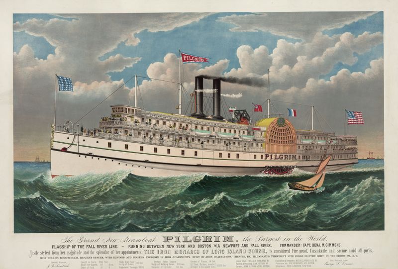 The grand new steamboat Pilgrim de Currier & Ives, retratando um barco a vapor em um rio, meio desconhecido.