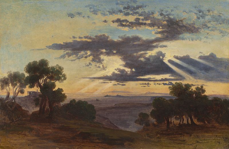 Landscape with sunlight breaking through clouds, oil painting by Johann Jakob Frey