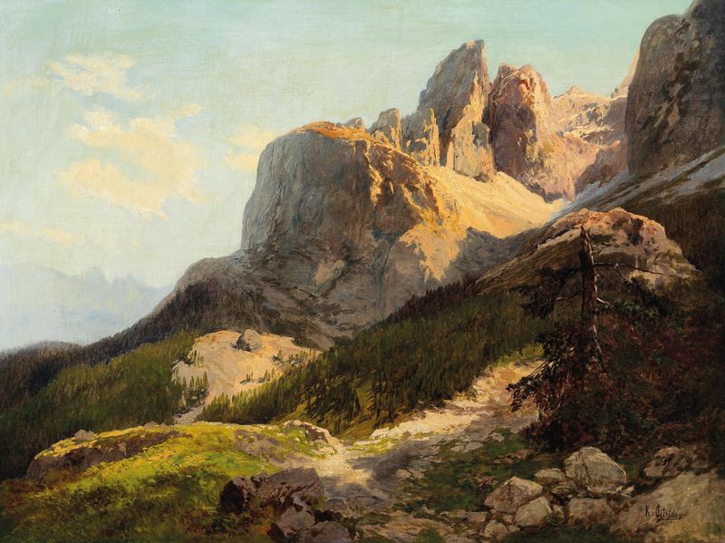 Landscape by Konrad Petrides, depicting mountains and forests, oil painting