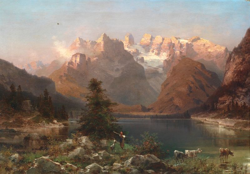 Paisaje de los Dolomitas con luz del sol sobre el lago, óleo sobre lienzo de Franz Richard Unterberger