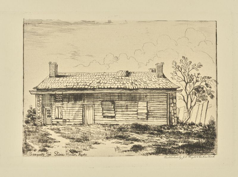 Seventy Six Stone House, rear by William Henry Wallace, oil on canvas depicting textured stone walls and light.