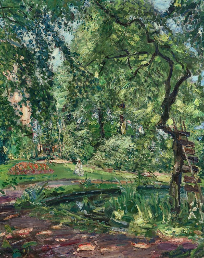 Impressionist landscape by Max Slevogt featuring a garden, tree, and water.