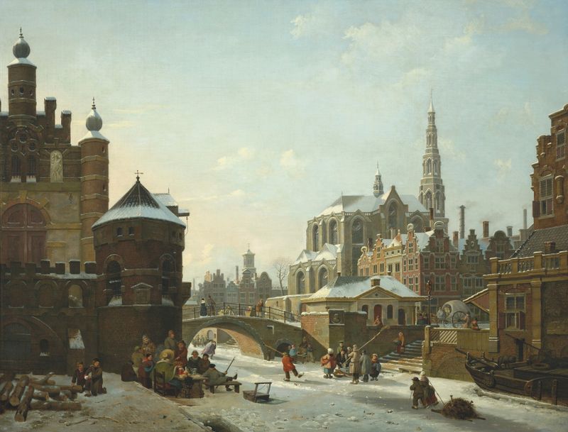 Um capricho com figuras em um canal congelado, óleo sobre tela de Jan Hendrik Verheijen