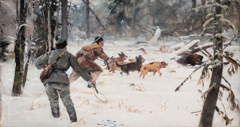 Bear Hunting de Julian Falat, retratando um caçador confrontando um urso em uma floresta, pintura a óleo