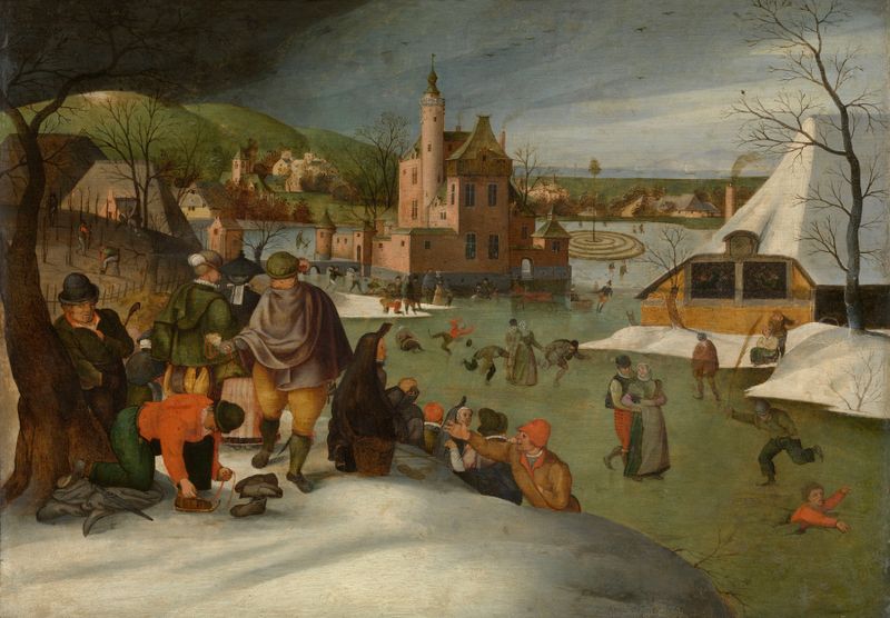 Paisagem de inverno com uma figura solitária atravessando a neve de Abel Grimmer, pintura a óleo