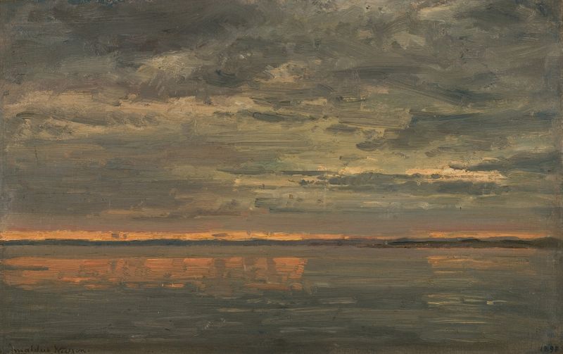 Svartstille de Amaldus Nielsen, óleo sobre lienzo que representa una escena forestal tranquila con agua y luz.