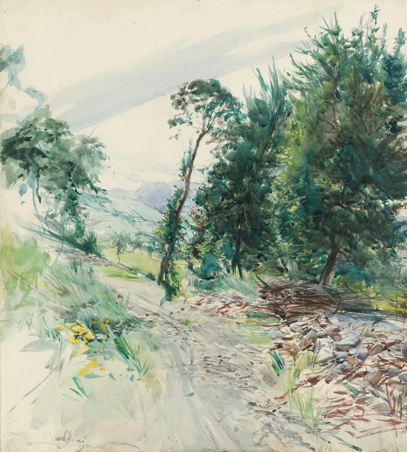 Figurative artwork La Route by Giovanni Boldini, oil painting featuring a woman in flowing fabrics.