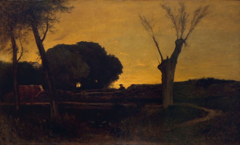 Evening at Medfield, Massachusetts de George Inness, óleo que muestra el crepúsculo sobre los árboles.
