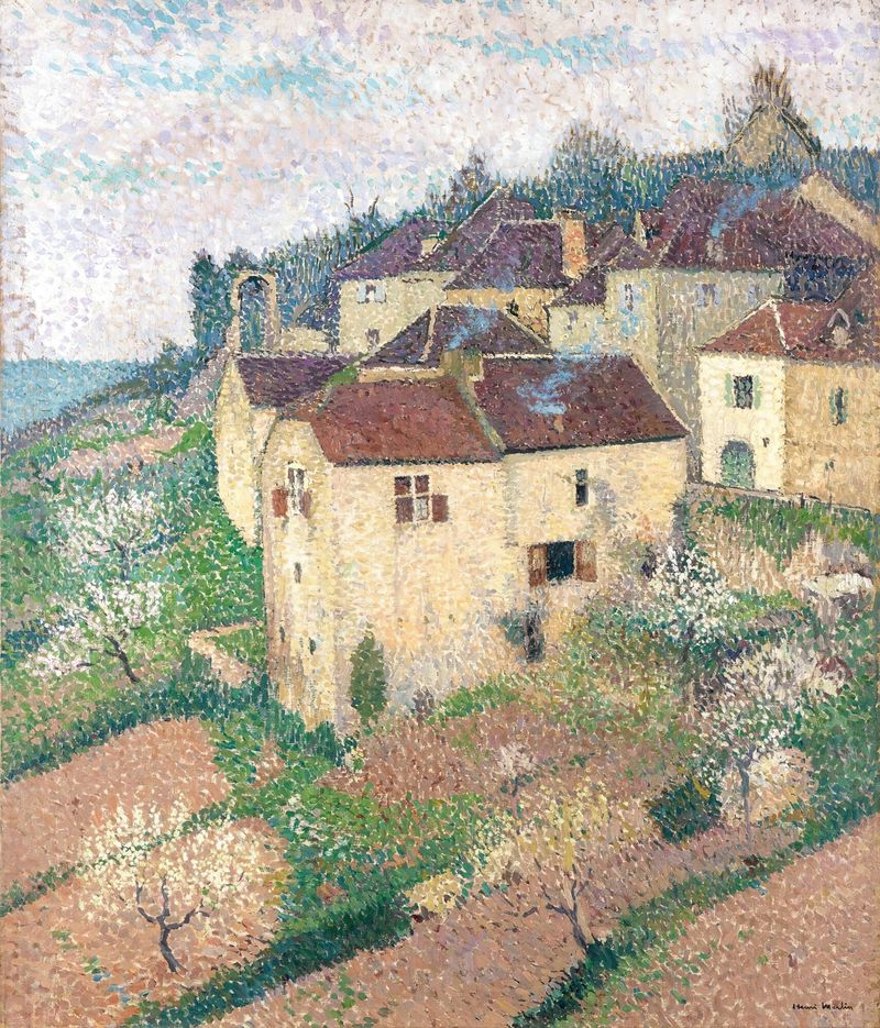 Paisaje postimpresionista de Henri Martin que representa un pueblo y colinas onduladas