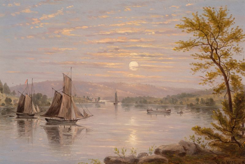 Sunrise on Lake Champlain, oil on canvas by William Rickarby Miller, depicting a tranquil lake at dawn