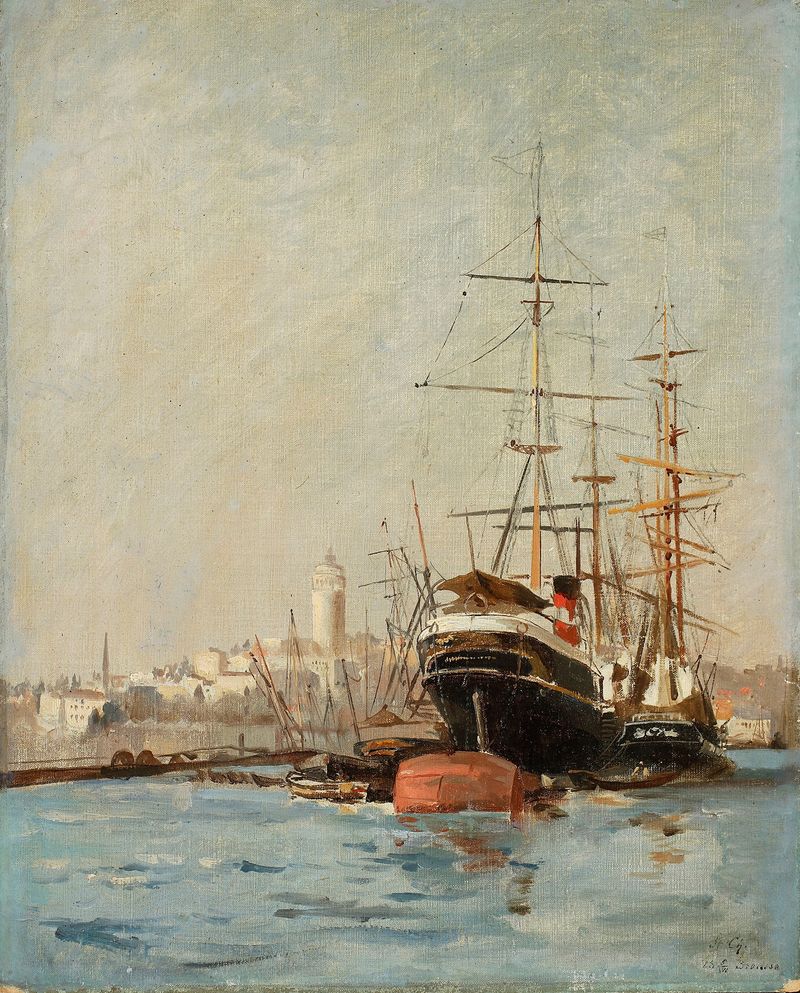 View of the seaport near Bursa by Stanisław Chlebowski, oil painting depicting boats in a harbor.
