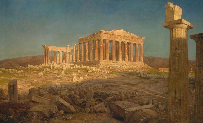 El Partenón de Frederic Edwin Church, óleo sobre lienzo, columnas de mármol iluminadas por el crepúsculo.